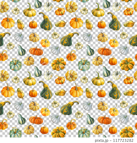 Seamless pattern of bright autumn painted pumpkins. 117723282
