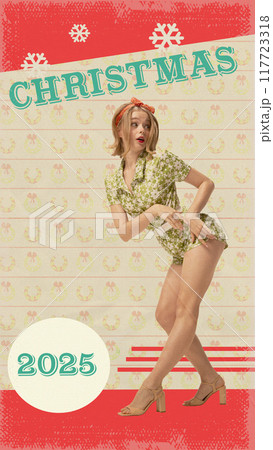 Pretty young woman in fun, playful pose, wearing retro outfit and counting down to festive Christmas 2025. Contemporary art collage. Pretty young woman in fun, playful pose, wearing retro outfit and counting down to festive Christmas 2025. Contemporary art collage. 117723318