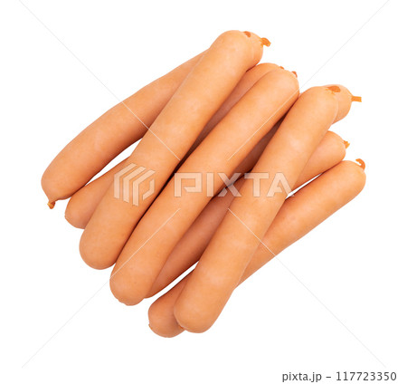 pile of fresh boiled sausages isolated on white 117723350