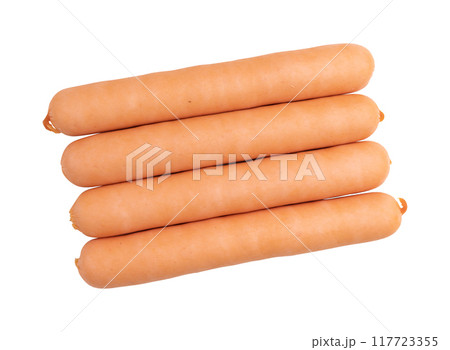 pile of fresh boiled sausages isolated on white pile of fresh boiled sausages isolated on white 117723355