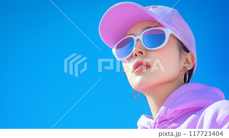 Young woman in pink attire enjoying a sunny day outdoors 117723404