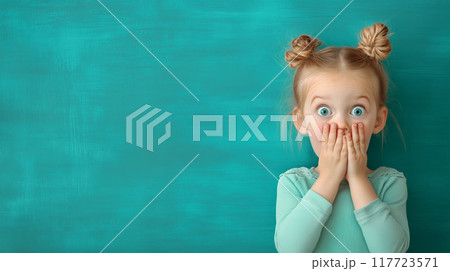 Child expressing surprise against a teal background Child expressing surprise against a teal background 117723571