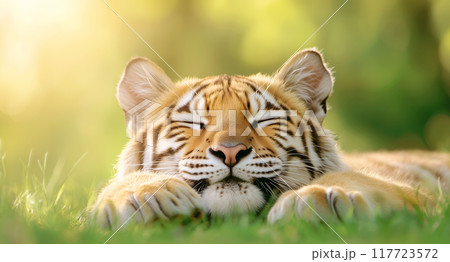 Tiger resting peacefully in a sunlit forest clearing Tiger resting peacefully in a sunlit forest clearing 117723572