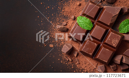 Mint dark chocolate with cocoa on a black surface 117723671