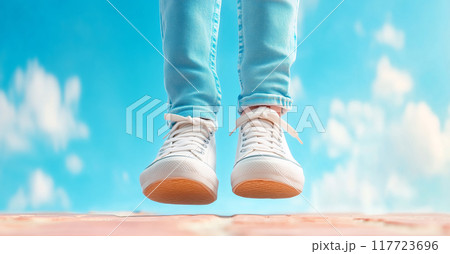 A girl jumping in sneakers against a blue sky background 117723696