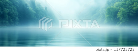 Misty morning over serene lake surrounded by trees Misty morning over serene lake surrounded by trees 117723725