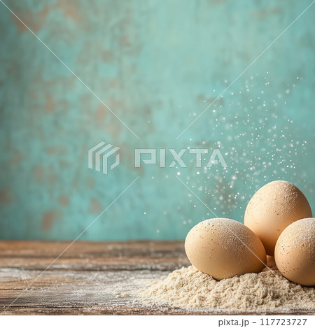 Fresh eggs resting on floury surface with pastel backdrop 117723727