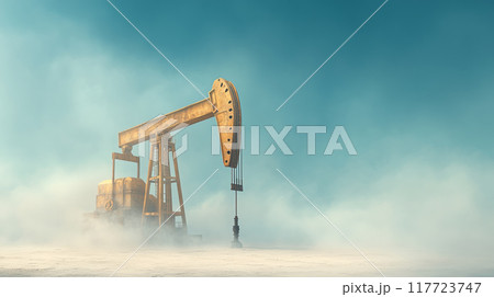 A lone rusty oil pumpjack in a misty, desolate landscape under a pale blue sky, with copy space 117723747