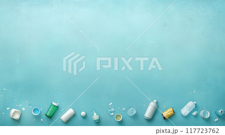 Scattered plastic waste and debris on a light blue surface, symbolizing pollution Scattered plastic waste and debris on a light blue surface, symbolizing pollution 117723762