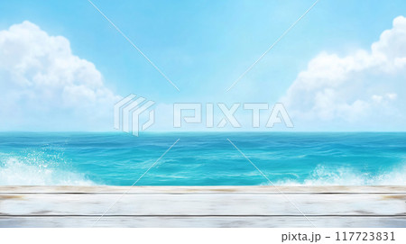 Calm ocean waves gently lapping against a weathered wooden dock Calm ocean waves gently lapping against a weathered wooden dock 117723831