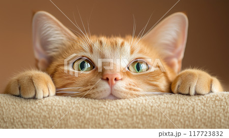 Curious orange cat peeks over a soft surface 117723832