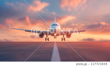 Airplane taking off at sunrise over a runway with vibrant clouds in the background 117723834