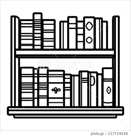 Bookshelf icon or modern line symbol. Vector line art and icon design with bold outline. Black and white Pixel Perfect minimalistic symbol isolated white background. Silhouette simple thin sign Bookshelf icon or modern line symbol. Vector line art and icon design with bold outline. Black and white Pixel Perfect minimalistic symbol isolated white background. Silhouette simple thin sign 117724038