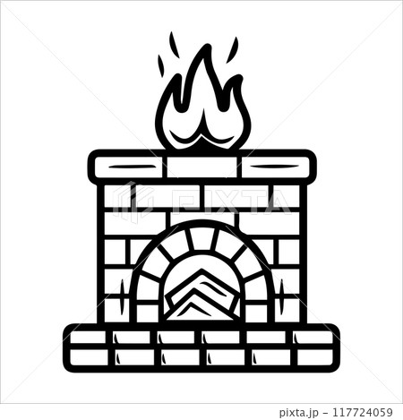 Fireplace icon or modern line symbol. Vector line art and icon design with bold outline. Black and white Pixel Perfect minimalistic symbol isolated white background. Silhouette simple thin sign 117724059