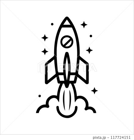 Rocket icon or modern line symbol. Vector line art and icon design with bold outline. Black and white Pixel Perfect minimalistic symbol isolated white background. Silhouette simple thin sign 117724151