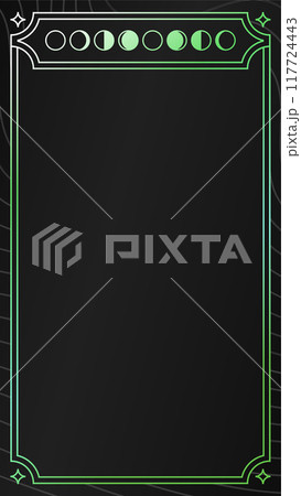 Green magical tarot cards. Mystical occult illustrations, bohemian spiritual astrology templates, witch vector illustration collection. Prediction of the future. 117724443