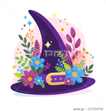 Vibrant vector illustration of a witch's hat with colorful flowers and leaves, blending magical and botanical elements. Vibrant vector illustration of a witch's hat with colorful flowers and leaves, blending magical and botanical elements. 117724742