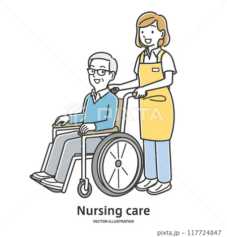 車椅子の高齢男性を介助する介護士の女性 117724847