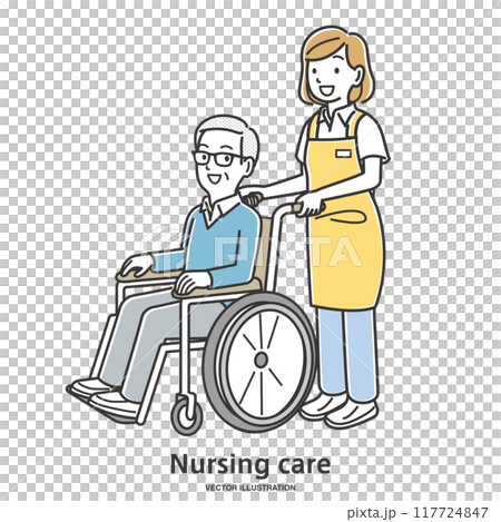 車椅子の高齢男性を介助する介護士の女性 117724847