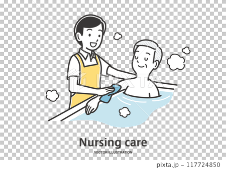 A male caregiver assisting an elderly man in bathing 117724850