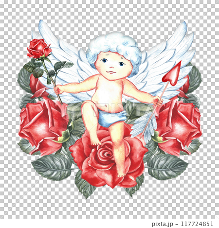 A cute little cupid in red roses. Hand-made watercolor illustration. For lovers, Valentine's day and weddings. For posters, greeting cards. For printing and stickers. 117724851