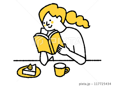 ケーキを食べながら本を読んでいる女性 ケーキを食べながら本を読んでいる女性 117725434