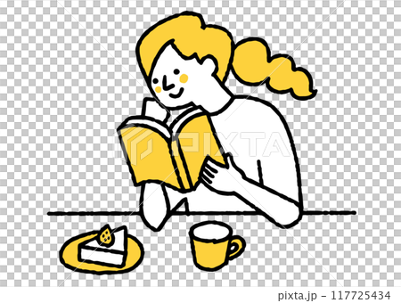 ケーキを食べながら本を読んでいる女性 ケーキを食べながら本を読んでいる女性 117725434