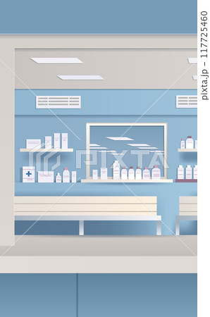Pharmacy interior with shelves and medicine bottles paper cut style light blue and white color scheme hospital or clinic waiting area 117725460