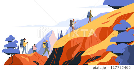 Hikers climbing mountain outdoor adventure colorful landscape trees 117725466