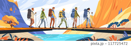 Hikers trekking on a bridge in mountains colorful landscape diverse group of people with backpacks scenic nature background outdoor adventure concept 117725472