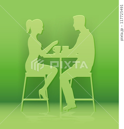 Couple sitting at table paper cut style silhouettes in conversation with coffee cups on green background 117725491