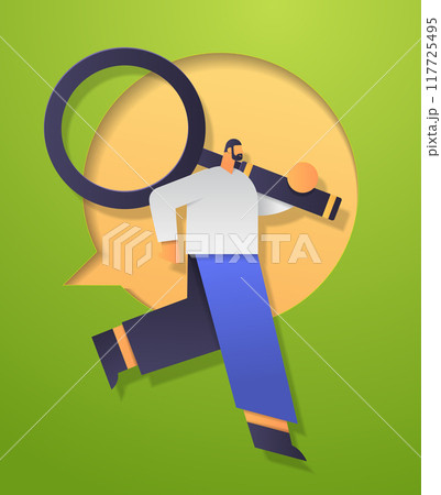 Person holding magnifying glass concept search. Abstract figure with magnifying glass over speech bubble background in green and yellow tones. Paper cut style Person holding magnifying glass concept search. Abstract figure with magnifying glass over speech bubble background in green and yellow tones. Paper cut style 117725495