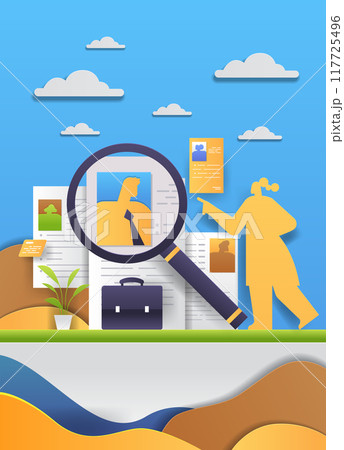 Job search recruitment concept magnifying glass resumes. Silhouette of person pointing at documents briefcase plant clouds paper cut style Job search recruitment concept magnifying glass resumes. Silhouette of person pointing at documents briefcase plant clouds paper cut style 117725496