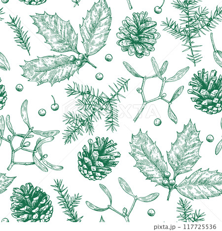 Christmas seamless pattern with pine cones, holly, mistletoe and juniper. Monochrome illustration in engraving style. 117725536
