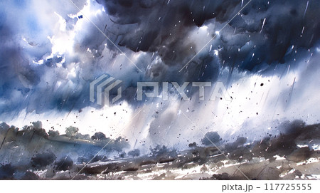 抽象的な風景のイラスト 水彩抽象的な風景画。 木が湖に映る」のイラスト素材 1911945268