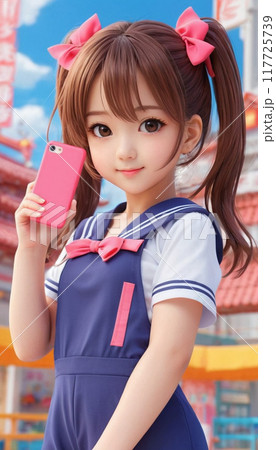 A cute teenage girl in a dark slate blue overalls holding a pink mobile phone in her hand. AI-generated item. Mobile phone wallpaper A cute teenage girl in a dark slate blue overalls holding a pink mobile phone in her hand. AI-generated item. Mobile phone wallpaper 117725739