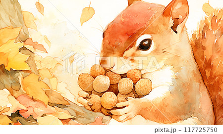 どんぐりを集める可愛いリスの水彩イラストのイラスト素材 [117725750