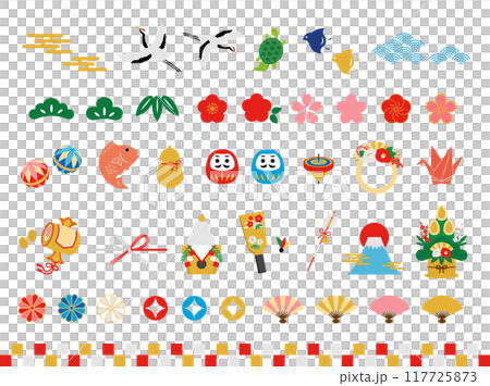 シンプルでかわいいお正月の装飾とアイコンとフレームのセット_レトロな和風の縁起物のイラスト_和柄  117725873