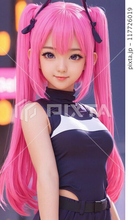 A cute teenage anime girl with long pink hair looks straight at the viewer. AI-generated item. Mobile phone wallpaper 117726019