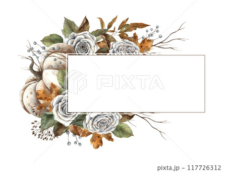 White pumpkin, vintage roses, green and dry leaves, branches and berries. Drawn watercolor rectangular frame in autumn style. For design, cards, autumn posters, Thanksgiving, Halloween, witchcraft 117726312