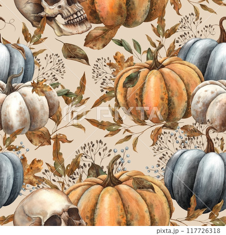Black, white, orange pumpkin with autumn leaves, berries, branches and human skull. Watercolor seamless pattern on beige background. For decor, cards, Day of the Dead, Halloween, packaging, fabric 117726318
