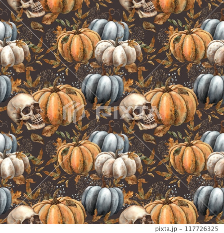 Black, white, orange pumpkin with autumn leaves, berries, branches and human skull. Watercolor seamless pattern on brown background. For decor, cards, Day of the Dead, Halloween, packaging, fabric Black, white, orange pumpkin with autumn leaves, berries, branches and human skull. Watercolor seamless pattern on brown background. For decor, cards, Day of the Dead, Halloween, packaging, fabric 117726325