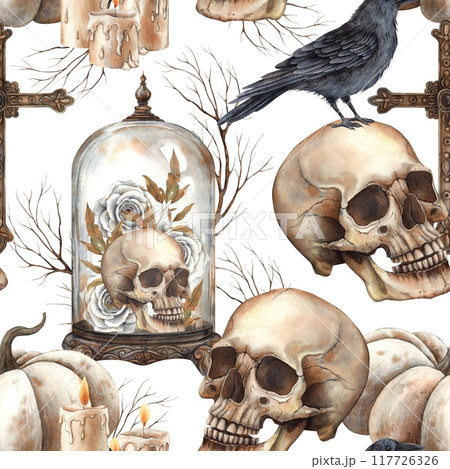 Skull, black raven, cross, white roses, vintage glass dome, branches. Watercolor pattern on white background in gothic style. Suitable for Halloween and day of the dead design, textiles, packaging Skull, black raven, cross, white roses, vintage glass dome, branches. Watercolor pattern on white background in gothic style. Suitable for Halloween and day of the dead design, textiles, packaging 117726326