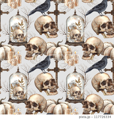 Skull, black raven, cross, white roses, vintage glass dome, branches. Watercolor pattern on a gray background in Gothic style. Suitable for Halloween and Day of the Dead design, textiles, packaging. 117726334