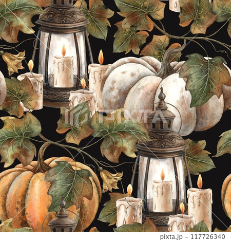 Vintage lantern with candles, white and orange pumpkin. Watercolor pattern hand drawn in vintage style on black background. Suitable for Halloween design, Thanksgiving design, posters, packaging Vintage lantern with candles, white and orange pumpkin. Watercolor pattern hand drawn in vintage style on black background. Suitable for Halloween design, Thanksgiving design, posters, packaging 117726340