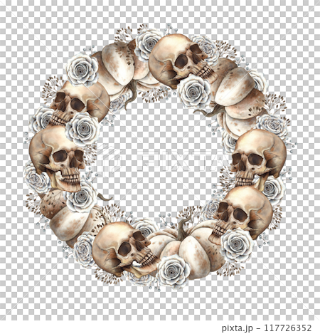 White pumpkin, human skull, white rose, berries and branches. Hand drawn watercolor wreath on isolated background in gothic style. Suitable for Halloween design, vintage cards, posters, packaging 117726352