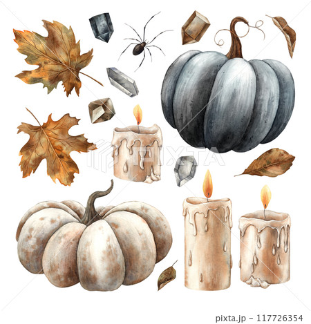 Black and orange realistic pumpkin, wax candles, autumn maple and oak leaves, crystals and black spider. Set of watercolor isolated pictures for design of Halloween cards, packaging, decor, stickers Black and orange realistic pumpkin, wax candles, autumn maple and oak leaves, crystals and black spider. Set of watercolor isolated pictures for design of Halloween cards, packaging, decor, stickers 117726354