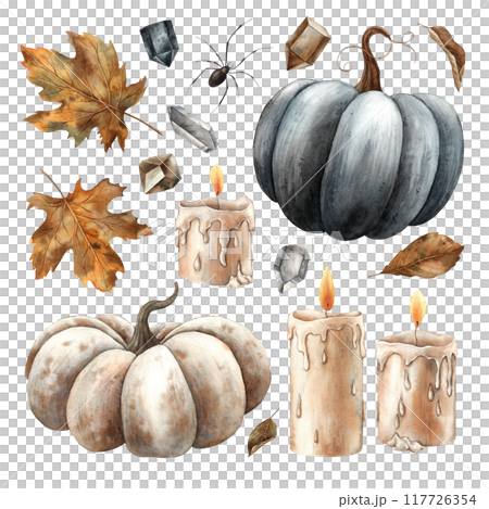 Black and orange realistic pumpkin, wax candles, autumn maple and oak leaves, crystals and black spider. Set of watercolor isolated pictures for design of Halloween cards, packaging, decor, stickers Black and orange realistic pumpkin, wax candles, autumn maple and oak leaves, crystals and black spider. Set of watercolor isolated pictures for design of Halloween cards, packaging, decor, stickers 117726354