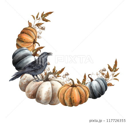 Black, white and orange pumpkins with a sitting black raven. Autumn leaves and poisonous mushrooms in a watercolor round wreath. Illustration for Halloween, Thanksgiving, banners, postcards, packaging 117726355