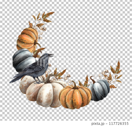 Black, white and orange pumpkins with a sitting black raven. Autumn leaves and poisonous mushrooms in a watercolor round wreath. Illustration for Halloween, Thanksgiving, banners, postcards, packaging Black, white and orange pumpkins with a sitting black raven. Autumn leaves and poisonous mushrooms in a watercolor round wreath. Illustration for Halloween, Thanksgiving, banners, postcards, packaging 117726355